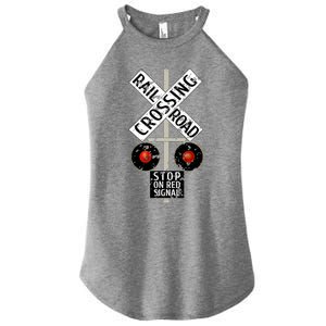 Funny Train Railroad Crossing With Lights Road Sign Women's Perfect Tri Rocker Tank