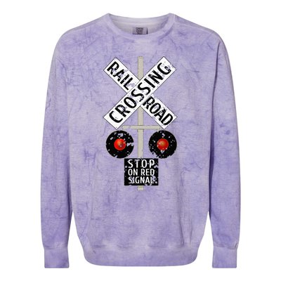 Funny Train Railroad Crossing With Lights Road Sign Colorblast Crewneck Sweatshirt