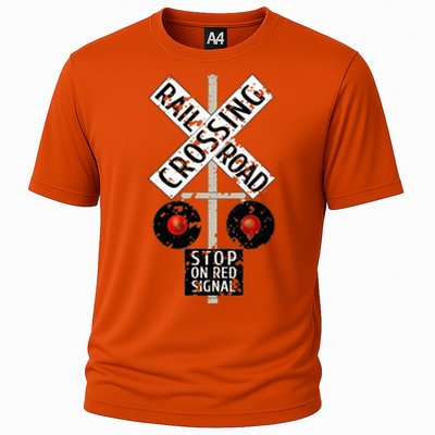 Funny Train Railroad Crossing With Lights Road Sign Cooling Performance Crew T-Shirt