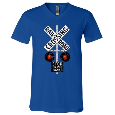 Funny Train Railroad Crossing With Lights Road Sign V-Neck T-Shirt