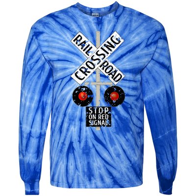 Funny Train Railroad Crossing With Lights Road Sign Tie-Dye Long Sleeve Shirt