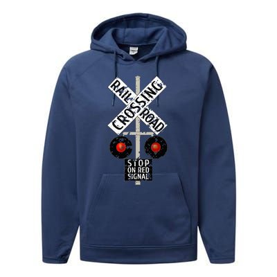 Funny Train Railroad Crossing With Lights Road Sign Performance Fleece Hoodie