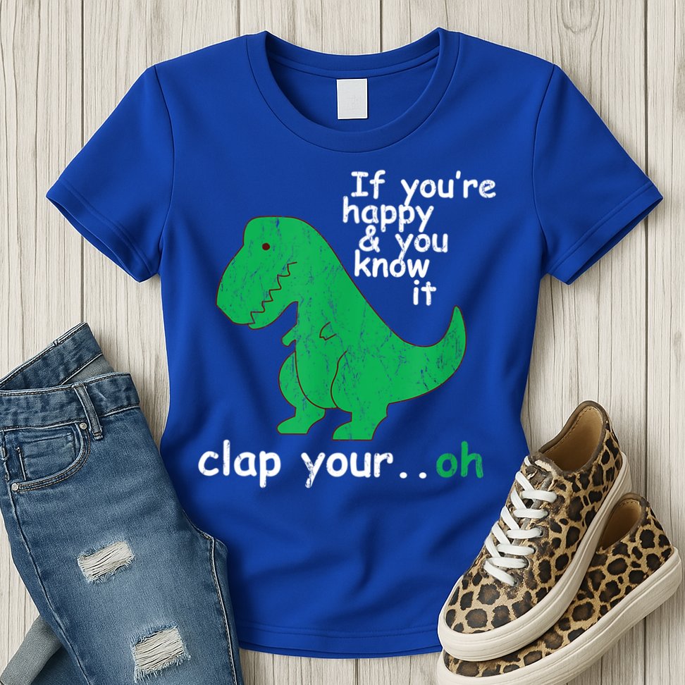 Funny T Rex If You're Happy Gift And You Know It Clap Your Oh Gift Womens T-Shirt