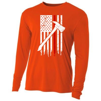 Firefighter Thin Red Line American Flag Gift Cooling Performance Long Sleeve Crew