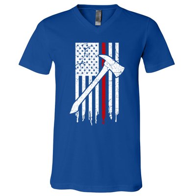 Firefighter Thin Red Line American Flag Gift V-Neck T-Shirt