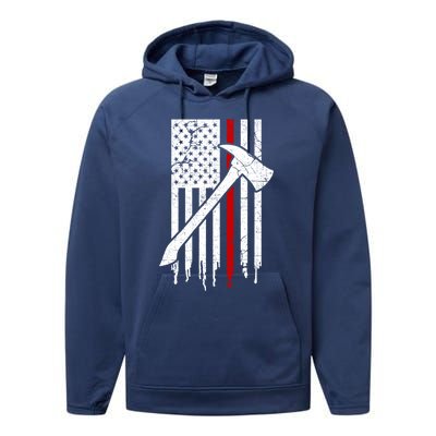 Firefighter Thin Red Line American Flag Gift Performance Fleece Hoodie