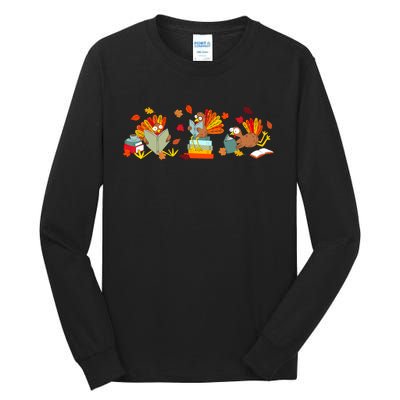 Funny Turkey Reading Book Librarian Bookworm Thanksgiving Tall Long Sleeve T-Shirt