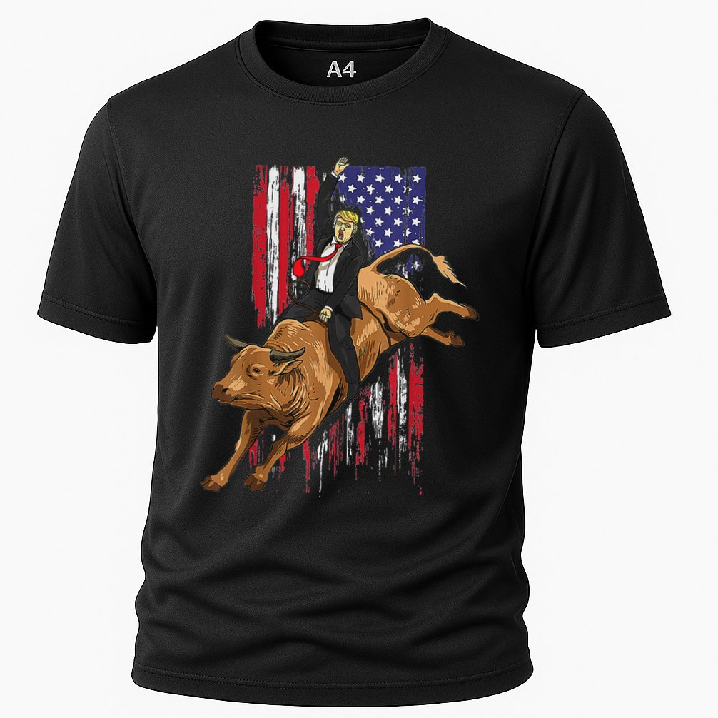 Funny Trump Rodeo Bull Rider Patriotic American Flag Trump Cooling Performance Crew T-Shirt