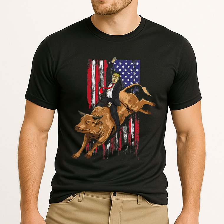 Funny Trump Rodeo Bull Rider Patriotic American Flag Trump Cooling Performance Crew T-Shirt