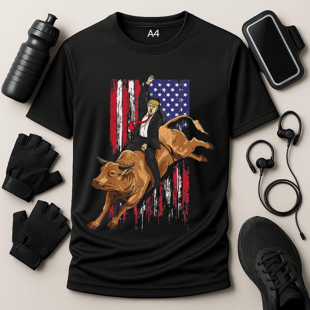 Funny Trump Rodeo Bull Rider Patriotic American Flag Trump Cooling Performance Crew T-Shirt