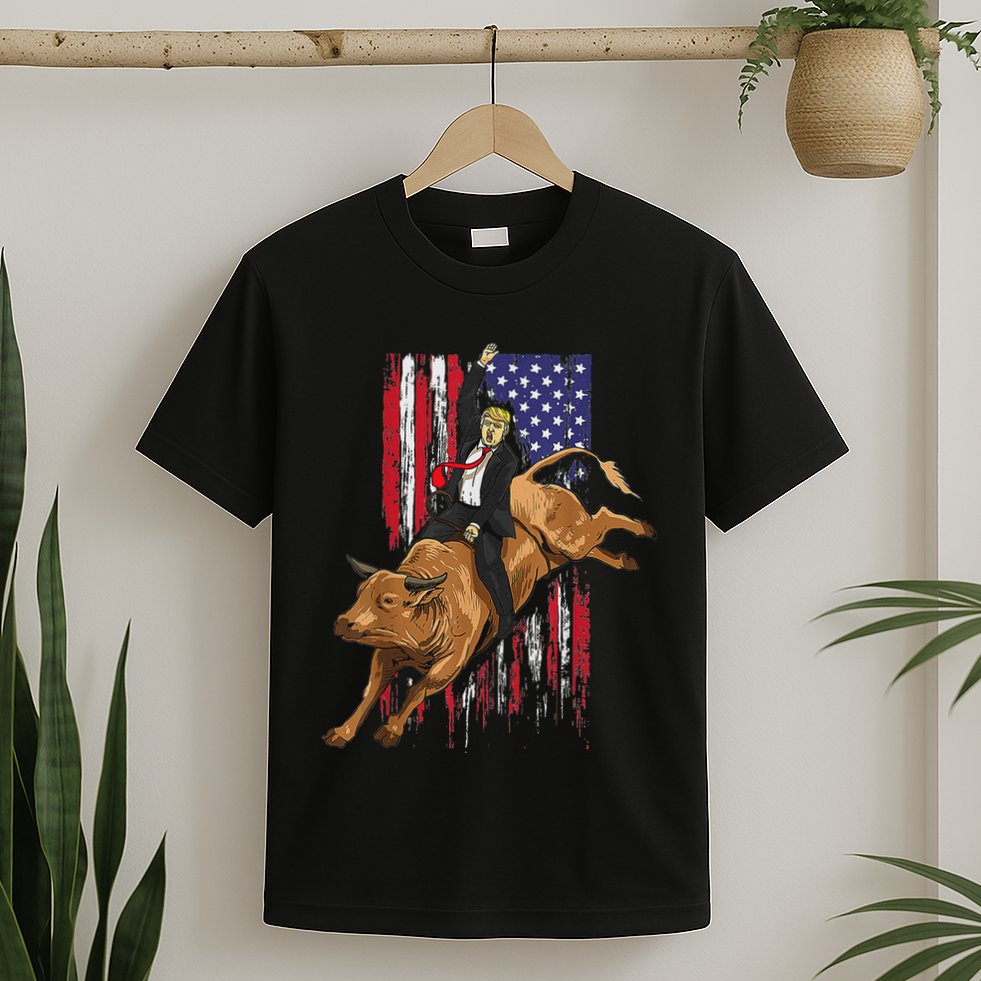Funny Trump Rodeo Bull Rider Patriotic American Flag Trump T-Shirt