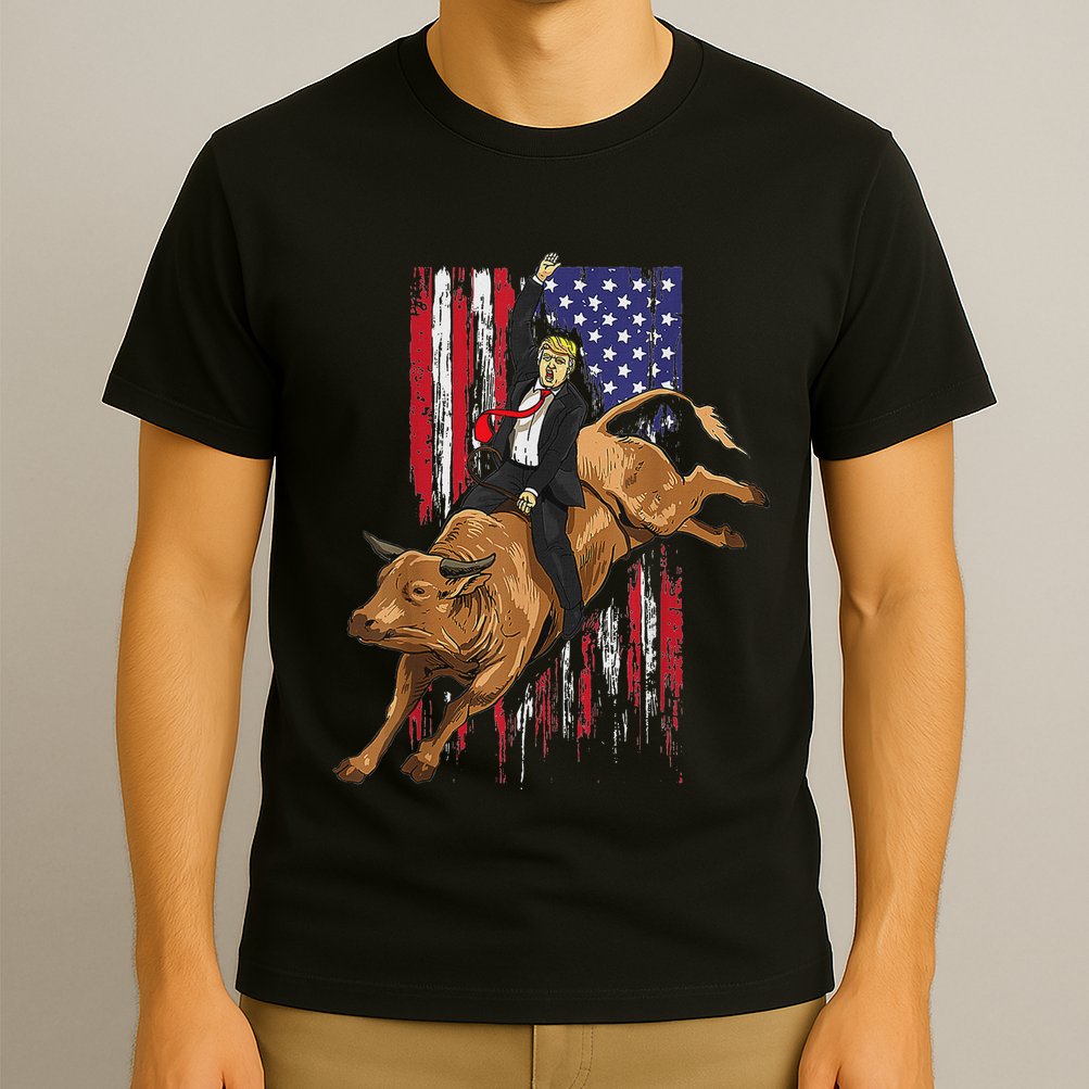 Funny Trump Rodeo Bull Rider Patriotic American Flag Trump T-Shirt