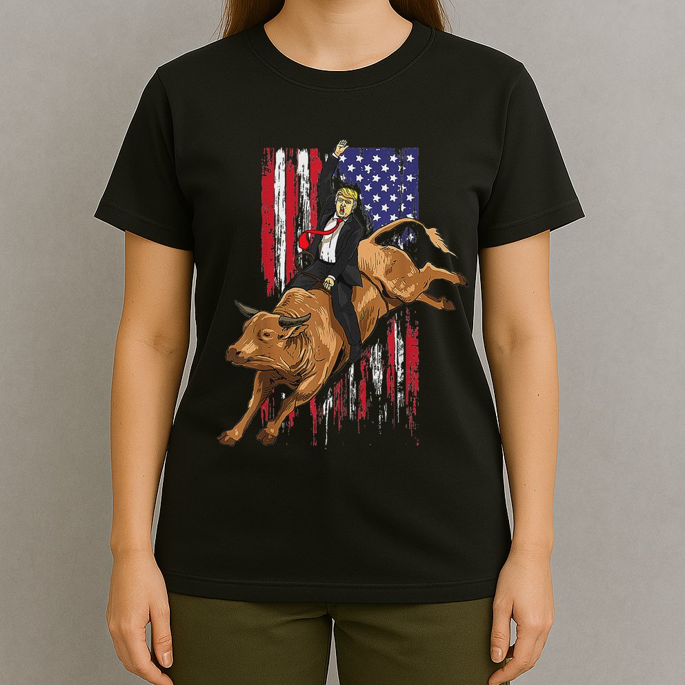 Funny Trump Rodeo Bull Rider Patriotic American Flag Trump T-Shirt