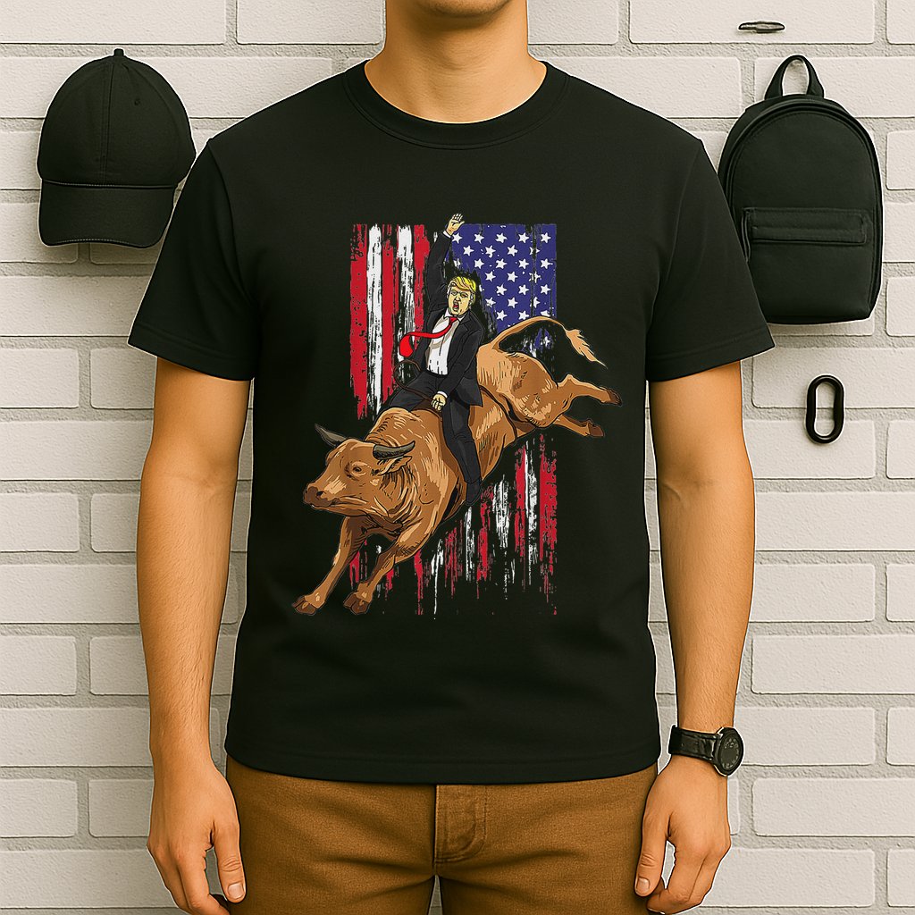 Funny Trump Rodeo Bull Rider Patriotic American Flag Trump T-Shirt