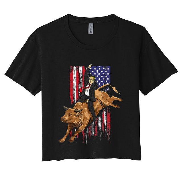 Funny Trump Rodeo Bull Rider Patriotic American Flag Trump Crop Top