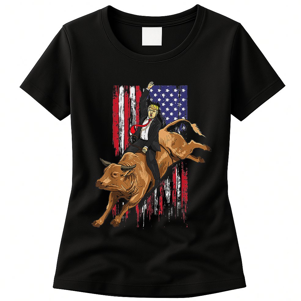 Funny Trump Rodeo Bull Rider Patriotic American Flag Trump Womens T-Shirt