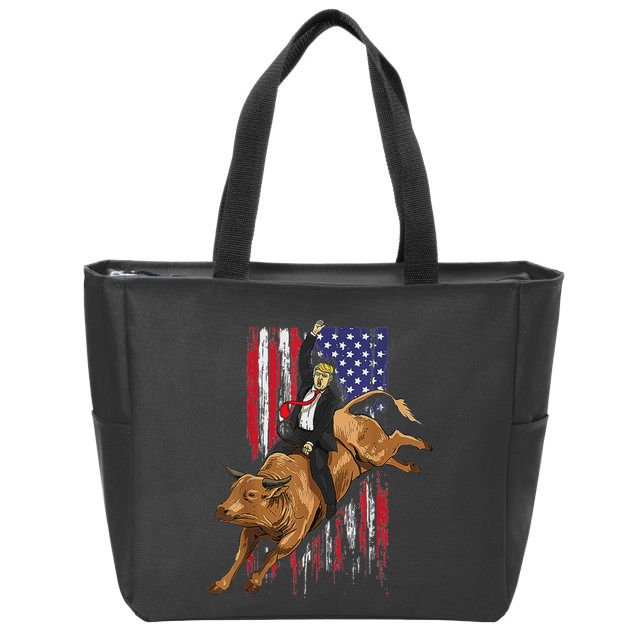 Funny Trump Rodeo Bull Rider Patriotic American Flag Trump Zip Tote Bag