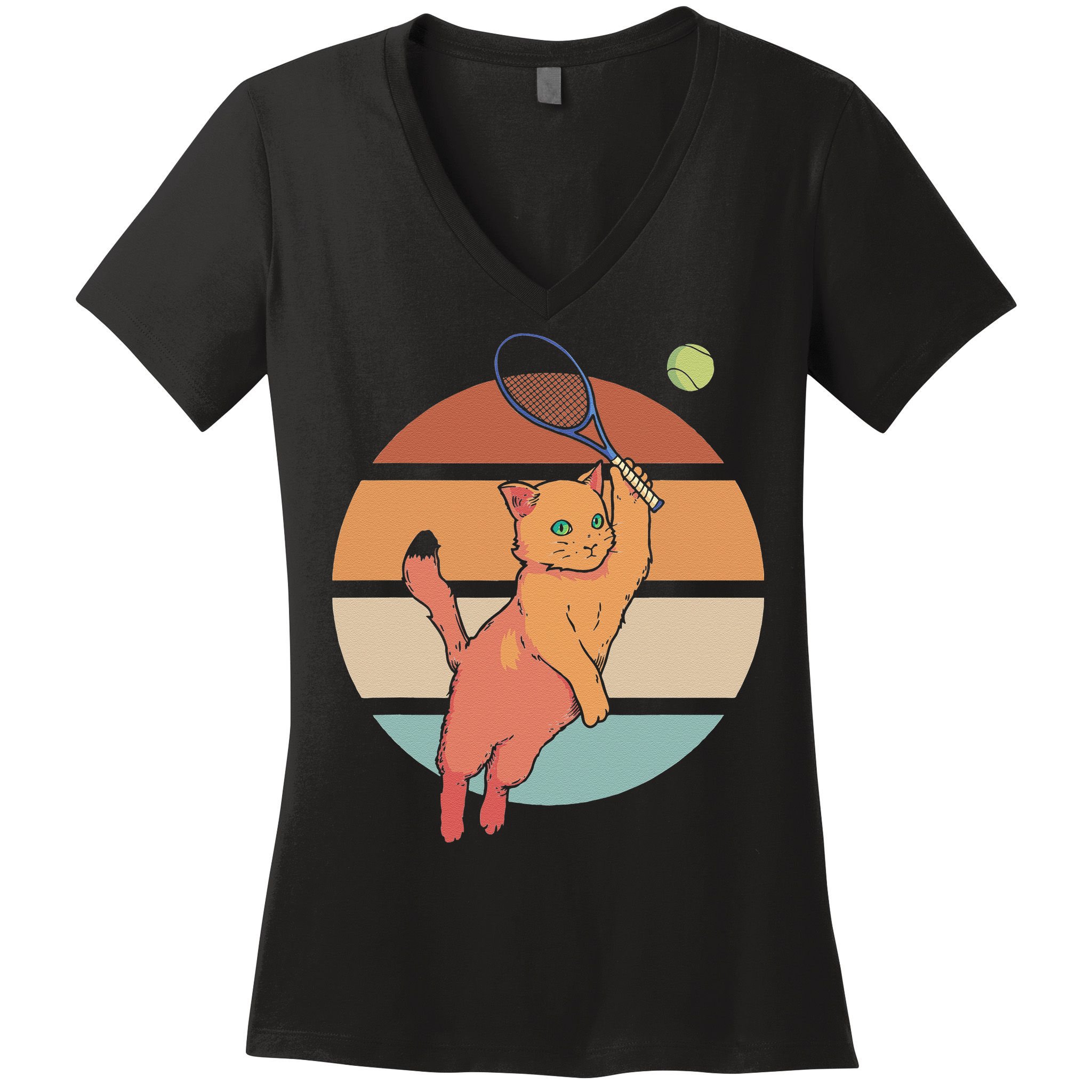 Funny Tennis Racket Cat Playing Tennis Women's V-Neck T-Shirt