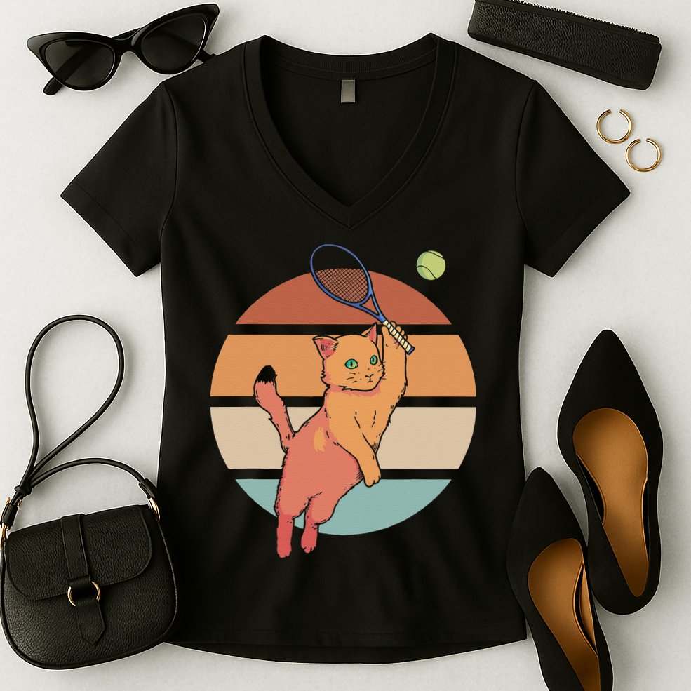 Funny Tennis Racket Cat Playing Tennis Women's V-Neck T-Shirt