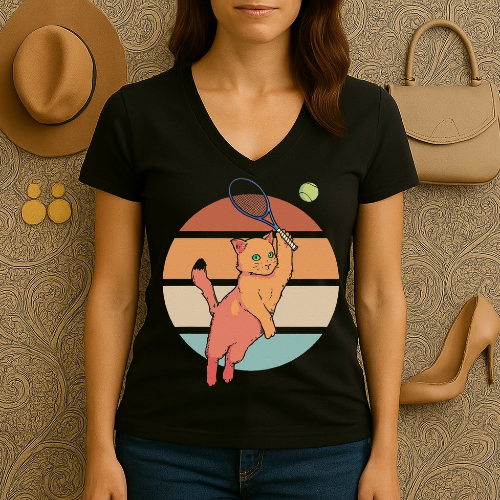Funny Tennis Racket Cat Playing Tennis Women's V-Neck T-Shirt