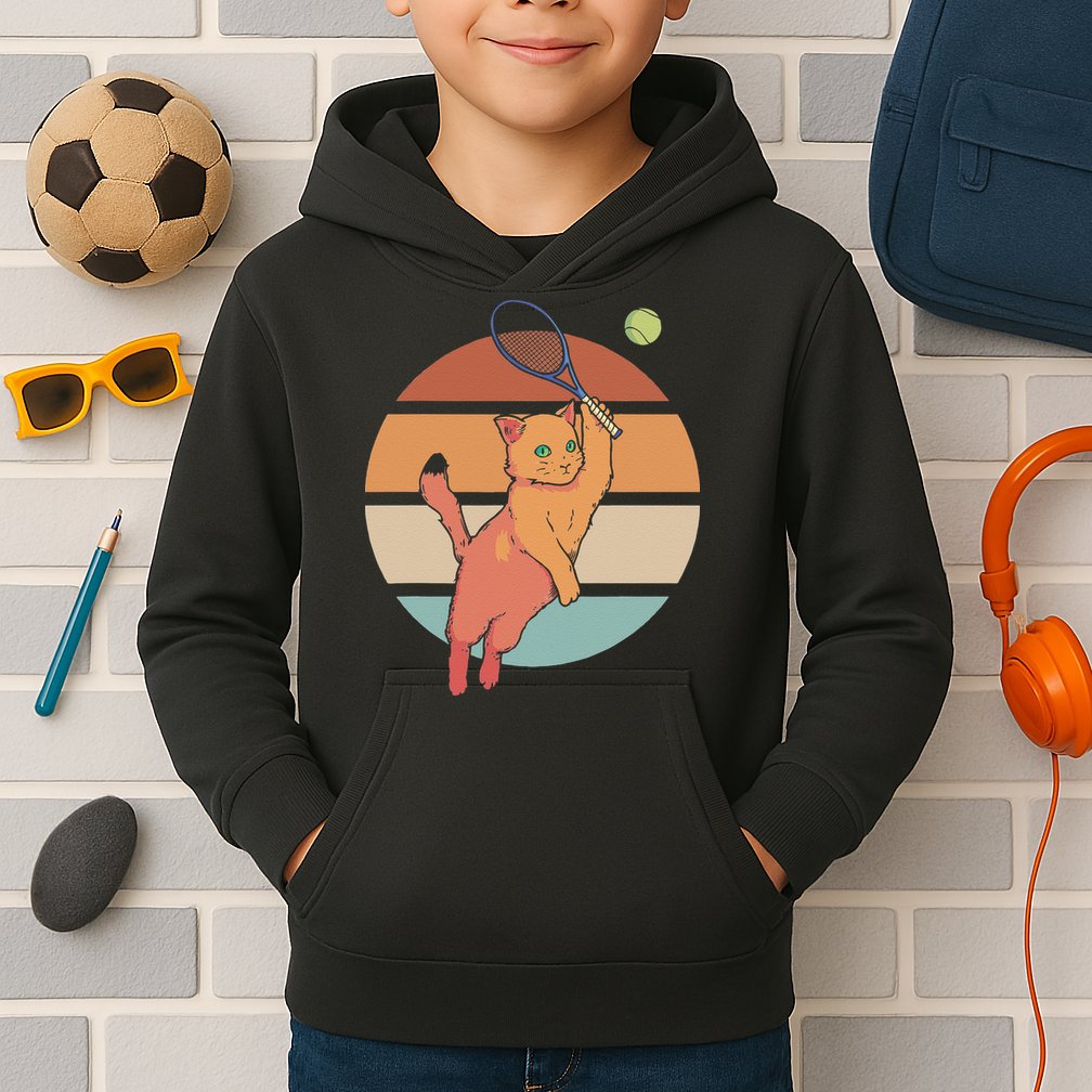 Funny Tennis Racket Cat Playing Tennis Kids Hoodie