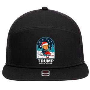 Funny Trump Rides Again Snowmobile Fun Winter 2024 7 Panel Mesh Trucker Snapback Hat