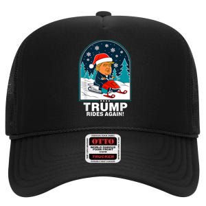 Funny Trump Rides Again Snowmobile Fun Winter 2024 High Crown Mesh Back Trucker Hat