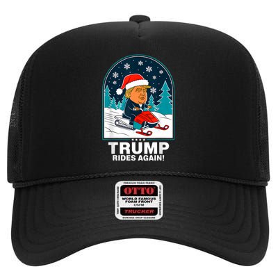 Funny Trump Rides Again Snowmobile Fun Winter 2024 High Crown Mesh Back Trucker Hat