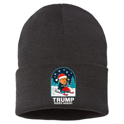 Funny Trump Rides Again Snowmobile Fun Winter 2024 Sustainable Knit Beanie