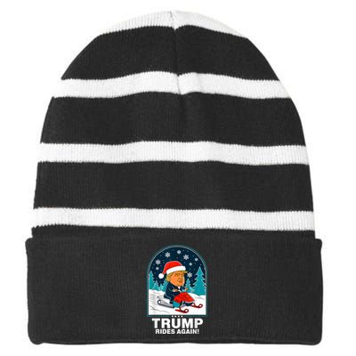 Funny Trump Rides Again Snowmobile Fun Winter 2024 Striped Beanie with Solid Band