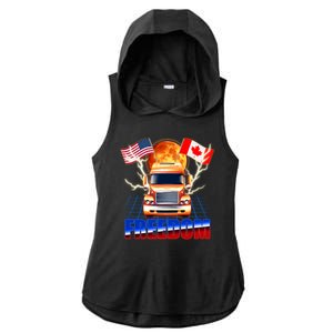 Funny Trucker Retro 80's Freedom USA Canada Flags Freedom Convoy Ladies PosiCharge Tri-Blend Wicking Draft Hoodie Tank