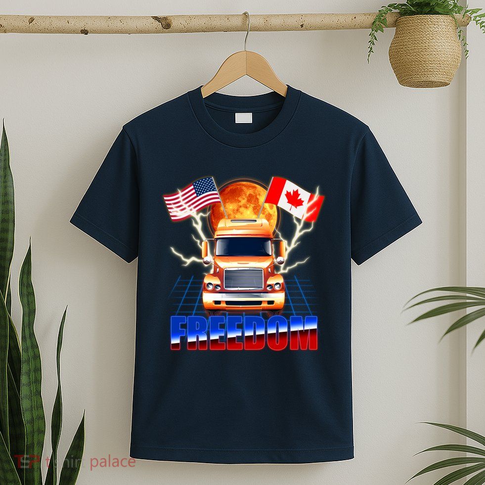 Funny Trucker Retro 80's Freedom USA Canada Flags Freedom Convoy T-Shirt