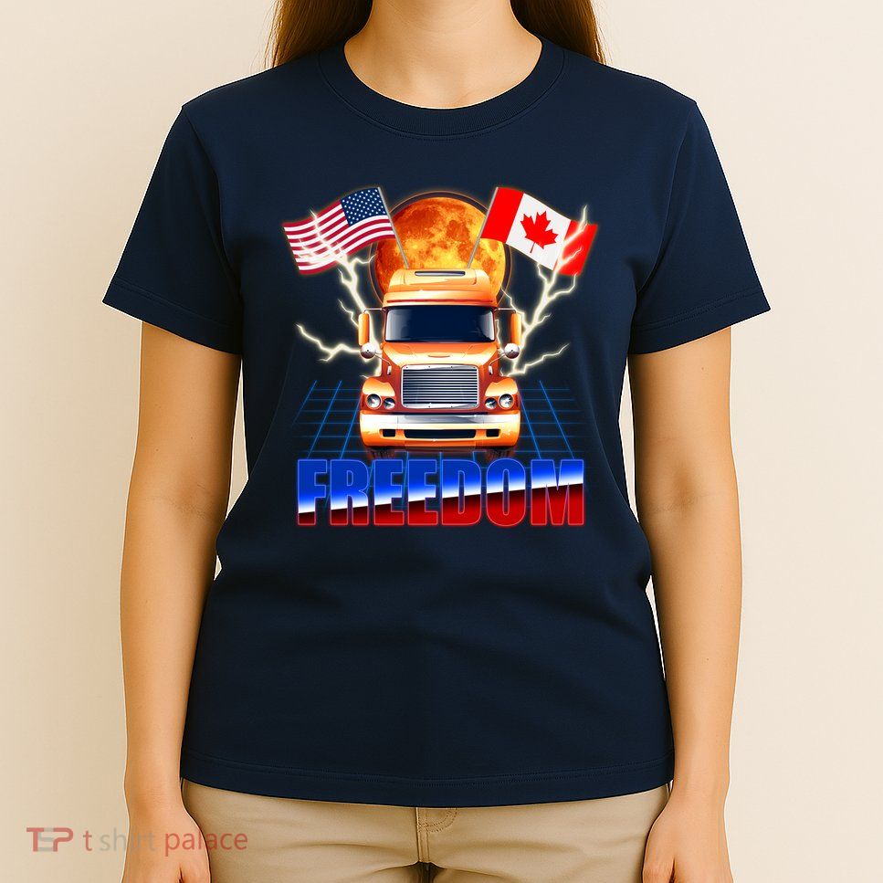 Funny Trucker Retro 80's Freedom USA Canada Flags Freedom Convoy T-Shirt