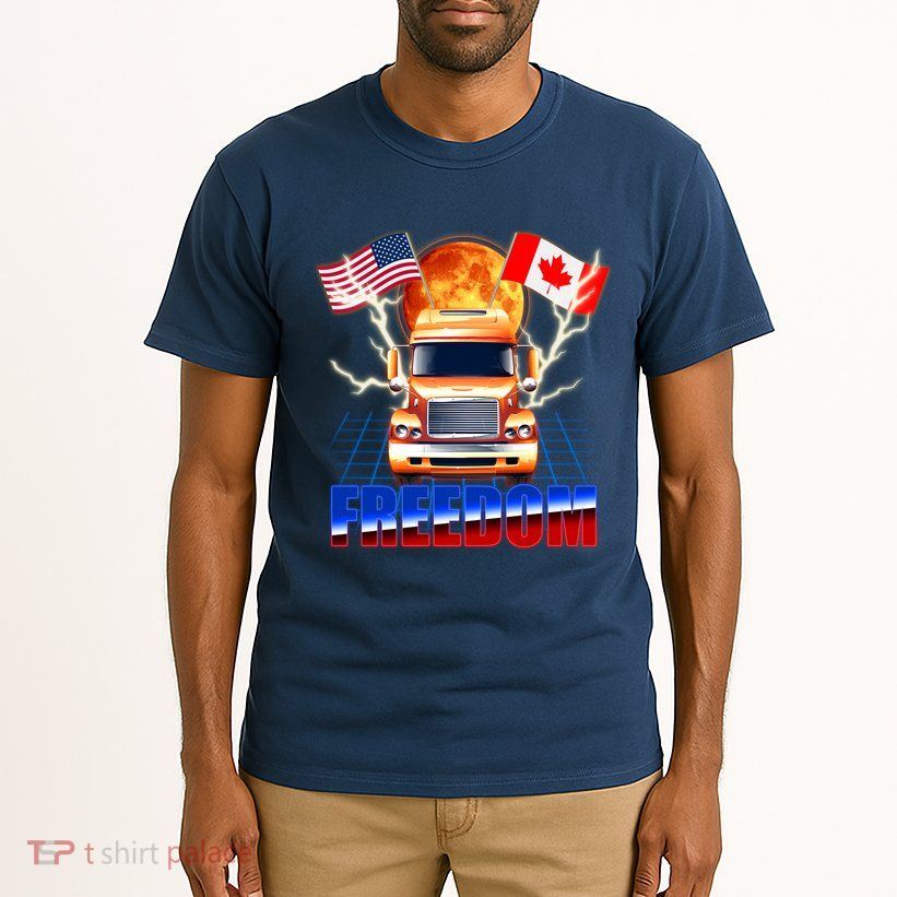 Funny Trucker Retro 80's Freedom USA Canada Flags Freedom Convoy Tall T-Shirt