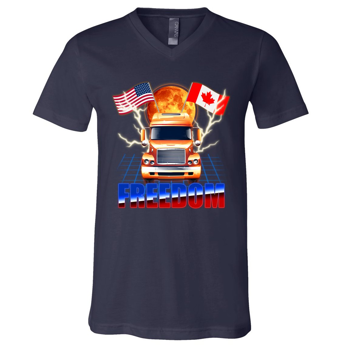 Funny Trucker Retro 80's Freedom USA Canada Flags Freedom Convoy V-Neck T-Shirt