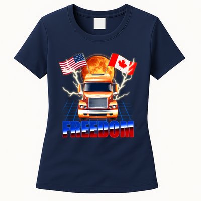 Funny Trucker Retro 80's Freedom USA Canada Flags Freedom Convoy Womens T-Shirt