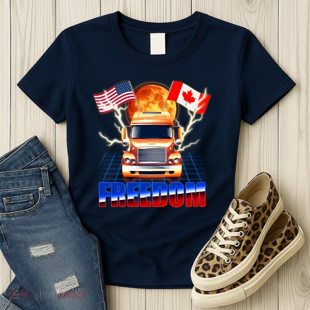 Funny Trucker Retro 80's Freedom USA Canada Flags Freedom Convoy Womens T-Shirt