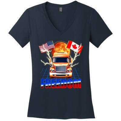 Funny Trucker Retro 80's Freedom USA Canada Flags Freedom Convoy Women's V-Neck T-Shirt