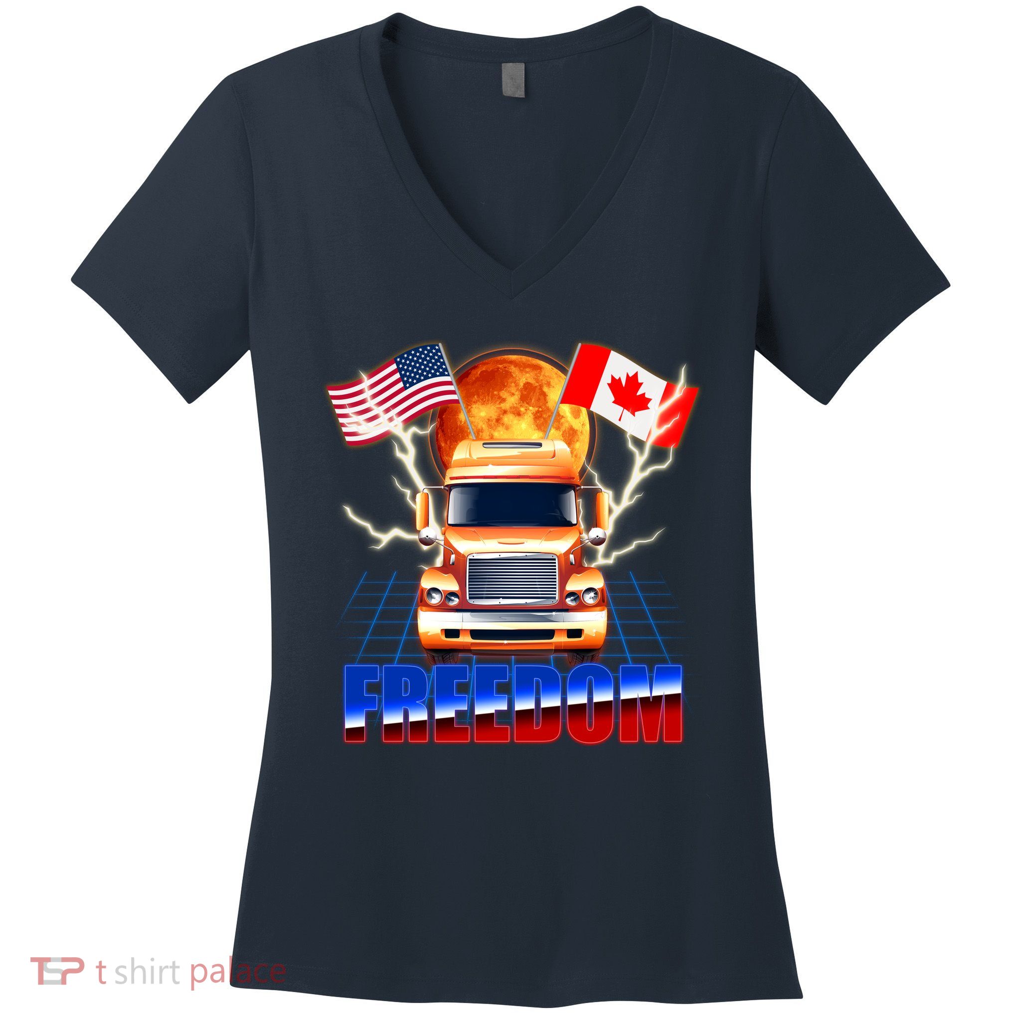 Funny Trucker Retro 80's Freedom USA Canada Flags Freedom Convoy Women's V-Neck T-Shirt