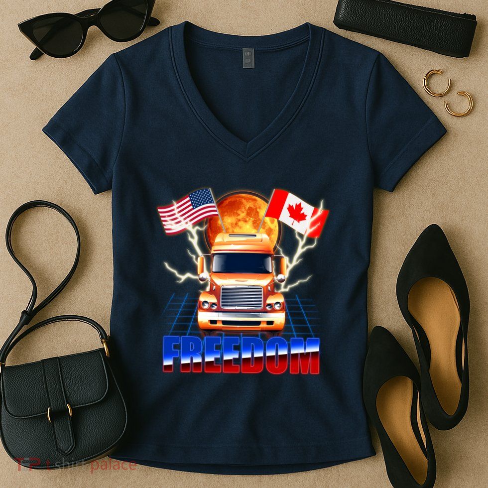 Funny Trucker Retro 80's Freedom USA Canada Flags Freedom Convoy Women's V-Neck T-Shirt