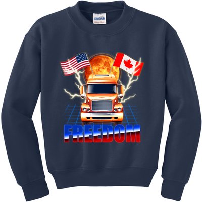 Funny Trucker Retro 80's Freedom USA Canada Flags Freedom Convoy Kids Sweatshirt