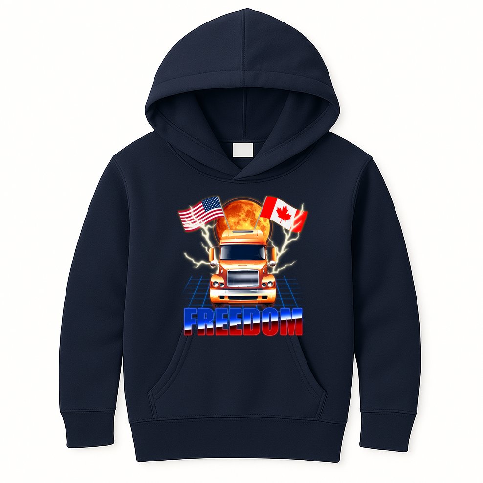 Funny Trucker Retro 80's Freedom USA Canada Flags Freedom Convoy Kids Hoodie