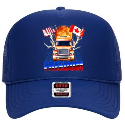 Funny Trucker Retro 80's Freedom USA Canada Flags Freedom Convoy High Crown Mesh Back Trucker Hat