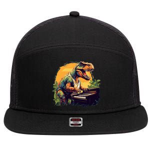 Funny T Rex Dinosaurs With Piano For Music Instrut Fans Gift 7 Panel Mesh Trucker Snapback Hat