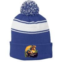 Funny T Rex Dinosaurs With Piano For Music Instrut Fans Gift Stripe Pom Pom Beanie