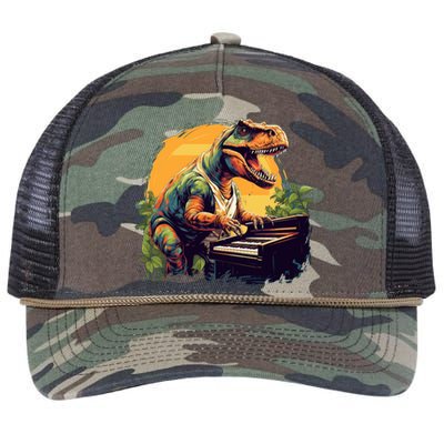 Funny T Rex Dinosaurs With Piano For Music Instrut Fans Gift Retro Rope Trucker Hat Cap