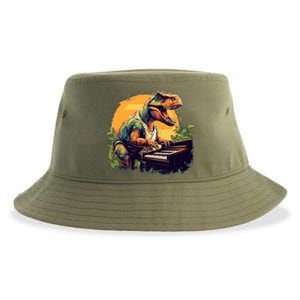 Funny T Rex Dinosaurs With Piano For Music Instrut Fans Gift Sustainable Bucket Hat