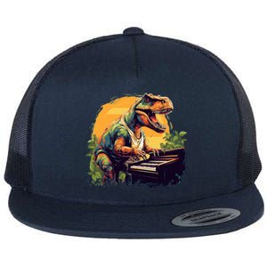 Funny T Rex Dinosaurs With Piano For Music Instrut Fans Gift Flat Bill Trucker Hat