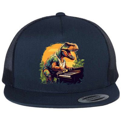 Funny T Rex Dinosaurs With Piano For Music Instrut Fans Gift Flat Bill Trucker Hat