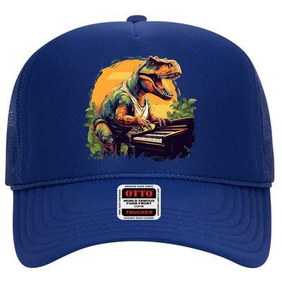 Funny T Rex Dinosaurs With Piano For Music Instrut Fans Gift High Crown Mesh Back Trucker Hat